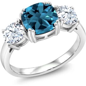 Gem Stone King 925 Sterling Silver London Blue Topaz and White Zirconia 3 Stone Engagement Ring For Women (4.24 Cttw, Gemstone November Birthstone, Cushion 8MM, Available in Size 5,6,7,8,9)
