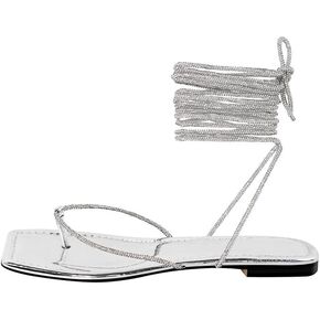 sexytag Women's Rhinestone Lace Up Flat Sandals Gladiator Thong Sandals Glitter Ankle Strap Square Open Toe Summer Shoes