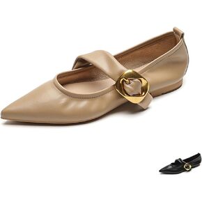 Women's Leather Mary Jane Flat Shoes with Adjust Metal Buckle Fashion Closed Pointed Toe Shallow Mouth Slip On Comfortable Luxury Business Wedding Dress Shoes
