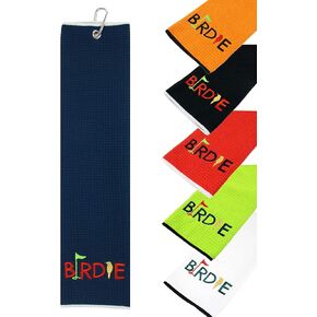 Golden Birdie Tri-fold Microfiber Waffle Golf Towel with Carabiner Clip Navy Blue 16"X21"