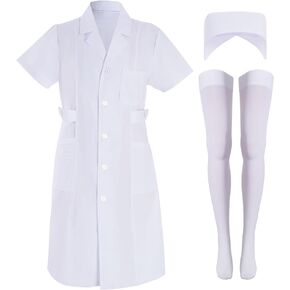 3pcs Nurse Costume for Women White Short Sleeve White Lab Coat Doctor Costume Halloween Nurse Dress Outfit