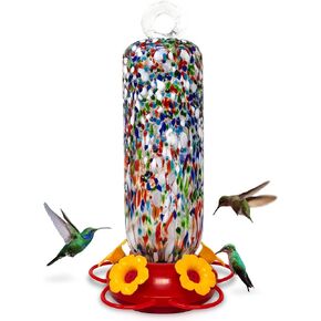 Superior Effect Hand Blown Glass Hummingbird Feeder, Flower Design 5 Bird Feeding Station, Garden Backyard Decorative, Containing Ant Moat Multicolor Easy Setup Bird Feeder