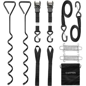 Heavy Duty RV Camper Awning Tie Down Kit,Included Ratchet Tie Down Anchor Strap and Spring and Spiral Stakes Connection for Outdoor Camping Trailer Truck