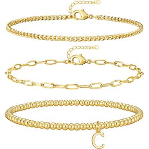 doubgood Gold Bracelets for Women Initial Bracelet Dainty Gold Bracelet Stack Gold Beaded Bracelets with A-Z Letter Charm 14K Gold Plated Bracelet Sets Non Tarnish Jewelry Gifts for Women Girls Teen