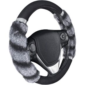BDK Bear Fur Steering Wheel Cover, Plush Faux Fur Fuzzy Steering Cover for Car Truck Van SUV, Standard Size Fits Wheels 14.5-15 in Diameter, Two Tone Black/Brown with Glitter