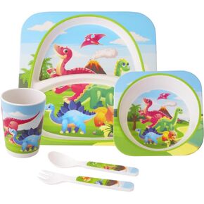 Bamboo Toddler Dinnerware Set,5Pcs Baby Plates and Bowls,Bamboo Kids Plates and Bowls Set,Kids Dishes Dinnerware Sets with Plate,Bowl,Cup,Fork and Spoon (Tyrannosaurus)