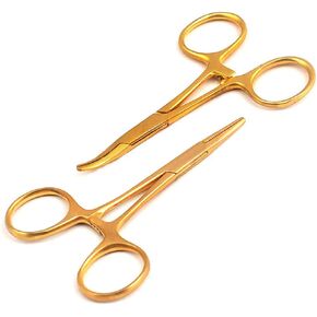 AAProTools 2 pcs Fishing Clamp Set 3.5" Straight and Curved Hemostat Forceps Locking Tweezers Clamp Stainless Steel Gold