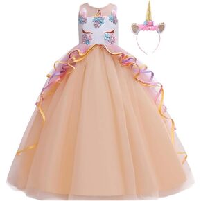 HIHCBF Girls Unicorn Costume Pageant Princess Party Dress Wedding Birthday Halloween Carnival Long Maxi Gown w/Headband