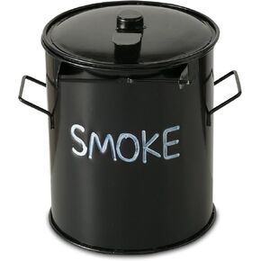 Smoke Outdoor Ashtray, Trashcan Style, Hinged Lid, Removable Interior Tray, 7 D x 7 H Inches, Lacquered Iron, Black Finish, White Text in Kuwait