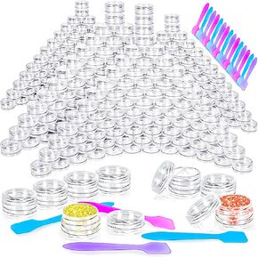 MotBach 100 Pcs 3g Empty Plastic Containers with Lids,Tiny Makeup Sample Containers Small Pot Jars Clear Round Cosmetic Jars with 20 Pcs Mini Spatulas for Liquid Sample Powder Creams (Black Lid)
