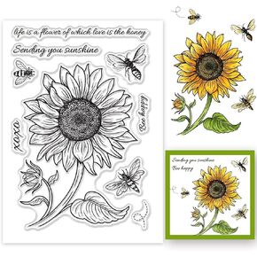 GLOBLELAND Sunflower and Big Bumble Background Clear Stamp Card Sketched Florals Silicone Clear Stamp for Scrapbook Journal Card Making