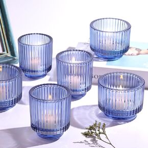 6pcs Assorted Blue Votive Candle Holder for Wedding Centerpieces, Vintage Ribbed Tealight Candle Holder for Living Room Decor, Glass Candle Holder for Home Table Centerpiece Party Supplies