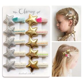 Star Hair Clips for Girls, 10 Pcs Glitter Silver & Gold Fully Lined Alligator Clips, Non Slip Baby Barrettes Hair Pins Accessories for Toddlers Kids' Fine Hair
