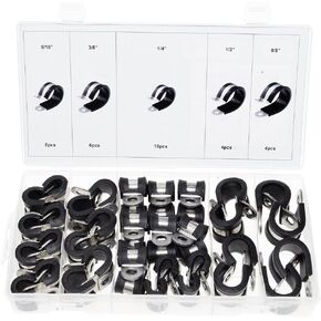 Swordfish 32490-40pcs Rubber Insulated Stainless Steel Hose Clamp Assortment with 1/4" Mounting Holes Reinforcement, Size: 1/4" to 5/8"
