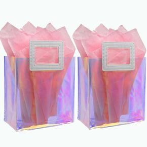 Caleihd 6PCS Holographic Clear Gift Bags with Tissue Paper, 7.9 * 7.1 * 3.9 inch Gift Bags with Handles,Treat Bags Goody Bags,for Christmas, Birthday Party, Weeding Gift Bags Party Supplies