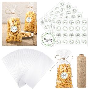 Chivertion 100 Sets Clear Popcorn Favor Bags Baby Shower Thank You Tags Natural Twine 4.9 x 10.8'' Clear Goodie Bag Favor Sticker 328 ft Packing String for Crafts Gift(Bright Style)
