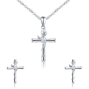 Yumilok Zircon Rose Cross Necklace And Earring Sets for Women Girls' Jewelry Set Sterling Silver Cross Pendant Stud Earrings Small Dainty Flower Necklace for Teen Friend Mom Birthday Aniversario Gift