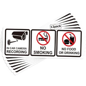 12Pack No Smoking in Car Camera Recording No Eating or Drinking Signs 1.75 X 5 Inch-Cars Vehicles Safety Warning Window Stickers Food and Beverage Signs for Cars Vehicles