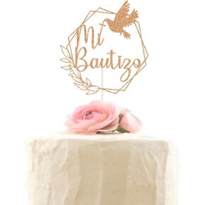 Glitter Spanish Mi Bautizo Cake Topper Cross First Holy Communion Baptism Cake Pick Religious God Bless Cake Decoration for Baby Shower / 1st Birthday Party Supplies Rose Gold