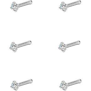 FANSING 6pcs Straight Nose Bones Studs for Women Round Clear CZ Nose Studs