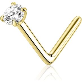FUNLMO 14K Solid Gold Nose Stud 20G Yellow Gold L Shaped Nose Ring Hypoallergenic Nose Piercing Simulated Diamond CZ Nose Screw for Women Men 2 2.5 3MM