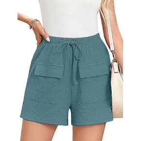 KORSIS Women Casual Shorts Drawstring Waffle High Waist Elastic Summer Trendy Soft Lounge Pajamas Shorts with Pockets (S-2XL)