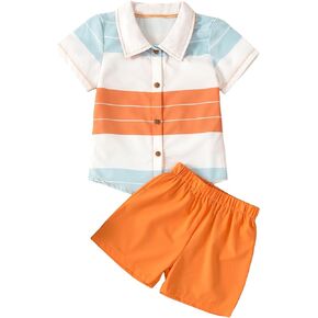 Floerns Boys 2 Piece Outfit Striped Print Button Front Shirt with Shorts Set