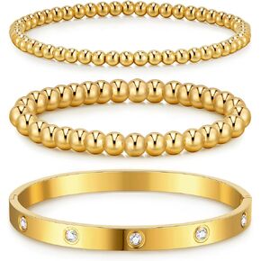 doubgood Gold Bracelets for Women 3PCS Gold Bangles for Women Stretch Gold Beaded Bracelets Cubic Zirconia Bangle Bracelets Jewelry for Mother's Day Gifts Valentine's Day Wedding Birthday 7.5"