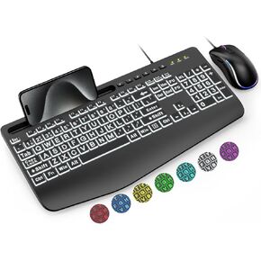 لوحة مفاتيح وماوس سلكية من SABLUTE، طباعة كبيرة، 4 أوضاع إضاءة خلفية و7 ألوان، مسند للمعصم، حامل هاتف، مجموعة لوحات مفاتيح مريحة، مفاتيح حروف كبيرة لكبار السن، ضعاف البصر، متوافق مع أجهزة الكمبيوتر الشخصية والكمبيوتر المحمول in Kuwait