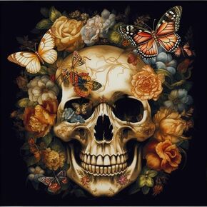 Generic Flower Butterfly Skull 11ct Counted Cross Stitch Kits Color Printed Stamped Cross-Stitch Supplies Needlework Printed Embroidery Kits DIY Kits Needlepoint Starter Kits 50x50cm(h3)