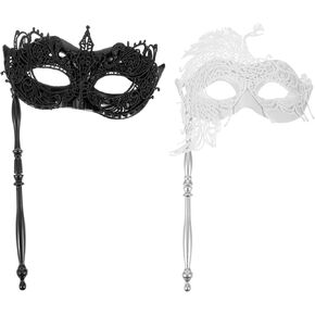 LUOZZY 2 PCS Masquerade Mask for Women with Stick Black & White Masquerade Mask Halloween Venetian Mardi Gras Lace Masks with Holding Stick
