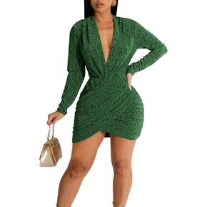YouSexy Women's Sexy V Neck Bodycon Mini Dress Long Sleeve Sequin Ruched Club Party Dresses
