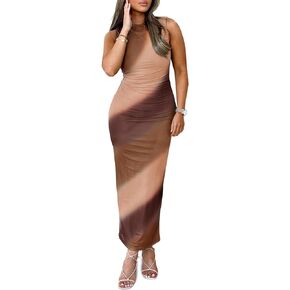 Fisoew Womens Mesh Tie Dye Dress Sexy Ruched Sleeveless Bodycon Party Cocktail Midi Long Dress