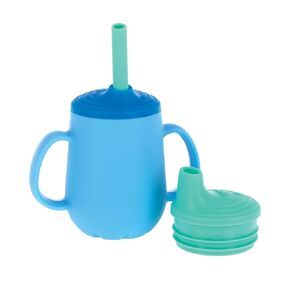Nuby 3-Stage Training Cup Set - Silicone Tumbler with Spout and Straw Combo - 4 oz - 6+ Months - Blue and Aqua