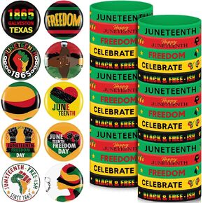 Batiyeer 100 Pcs Juneteenth Silicone Bracelets with Pins Set Including 50 Silicone Wristbands 50 Juneteenth Buttons Badges African Party Decorations for Juneteenth Party Supplies Favors