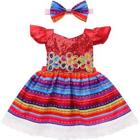 IDOPIP Baby Girls Mexican Dress Sequin Striped Backless Princess Birthday Party Dresses + Headband 2PCS Cinco de Mayo Clothes