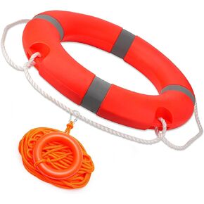 Pool Life Ring Buoy Pool Safety Ring Life Preserver Ring with Water Floating Lifesaving Rope and Reflective Tape Orange 14"/22"