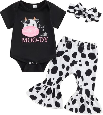 Lesimsam Newborn Baby Girl Summer Outfits Just A Little Moody Cow Short Sleeve Romper Flared Pants Headband 3Pcs Clothes Set in Saudi Arabia
