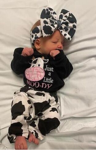 Lesimsam Newborn Baby Girl Summer Outfits Just A Little Moody Cow Short Sleeve Romper Flared Pants Headband 3Pcs Clothes Set in Saudi Arabia