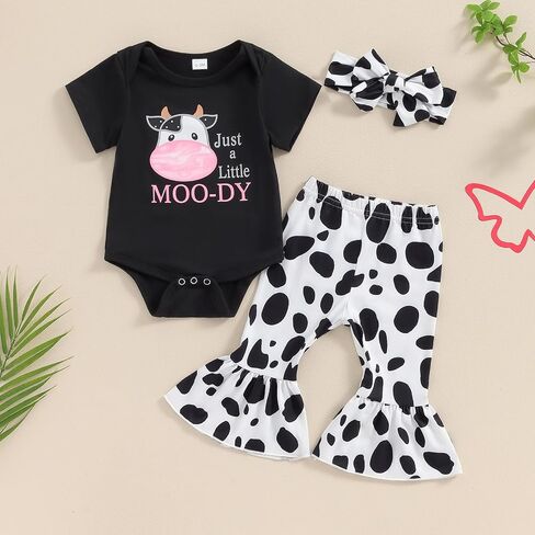 Lesimsam Newborn Baby Girl Summer Outfits Just A Little Moody Cow Short Sleeve Romper Flared Pants Headband 3Pcs Clothes Set in Saudi Arabia