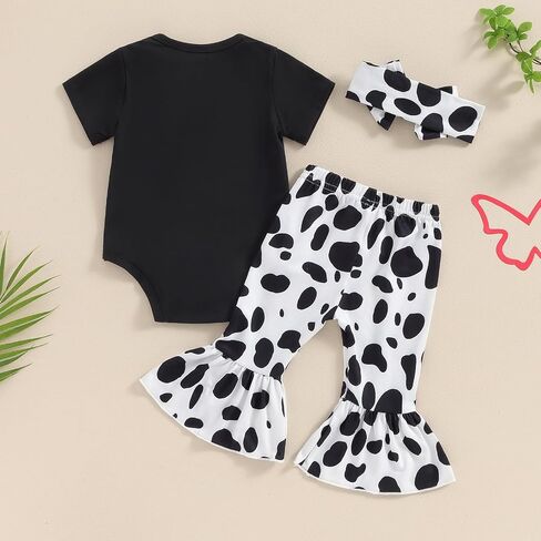 Lesimsam Newborn Baby Girl Summer Outfits Just A Little Moody Cow Short Sleeve Romper Flared Pants Headband 3Pcs Clothes Set in Saudi Arabia