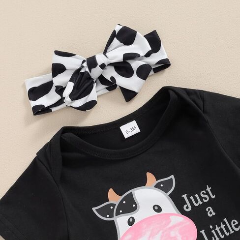 Lesimsam Newborn Baby Girl Summer Outfits Just A Little Moody Cow Short Sleeve Romper Flared Pants Headband 3Pcs Clothes Set in Saudi Arabia