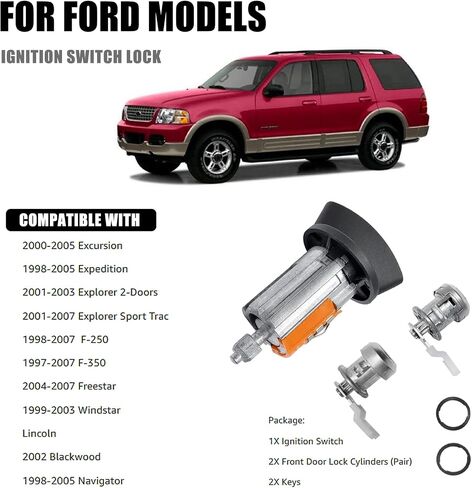 Ignition Switch Lock Cylinder Door Lock Cylinder with Keys Compatible for 1997-2003 Ford F150 | 1997-07 F250 F350 | Lincoln Blackwood, Navigator | Replace LC6177 + DL5885 X2 + 597638(No chip) in Saudi Arabia