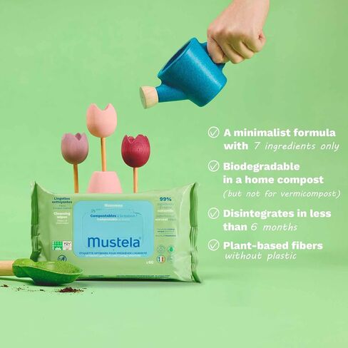 Mustela Baby Home Compostable Cleansing Wipes - Fragrance Free - Natural Avocado - For Face, Body & Diaper Area - 99% ingredients of natural origin & plant-based fibers - For all skin types - 60 ct. in Saudi Arabia