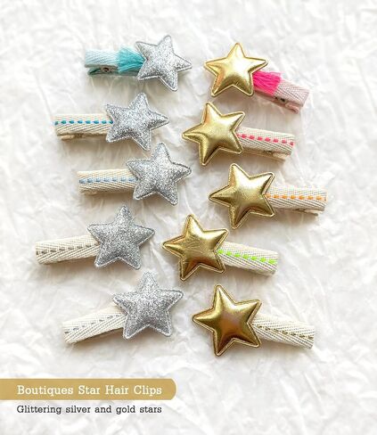Star Hair Clips for Girls, 10 Pcs Glitter Silver & Gold Fully Lined Alligator Clips, Non Slip Baby Barrettes Hair Pins Accessories for Toddlers Kids' Fine Hair in Saudi Arabia