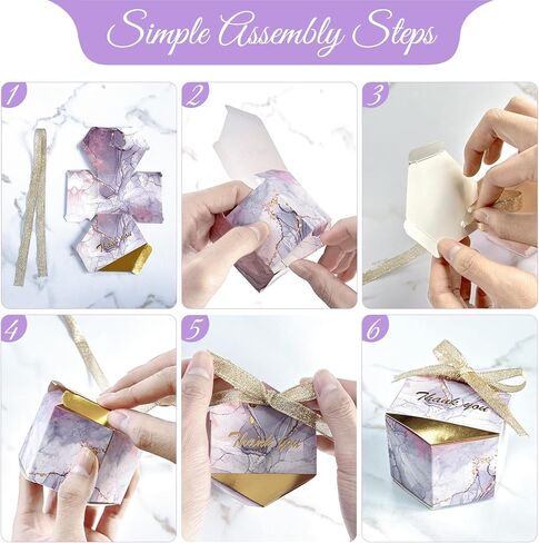 50 قطعة من صناديق هدايا حفلات الزفاف الرخامية من AerWo للضيوف، علب هدايا حلوى صغيرة سداسية الشكل مع أشرطة فيونكة لحفلات الزفاف وحفلات استقبال المولود الجديد وديكورات أعياد الميلاد السنوية in Kuwait