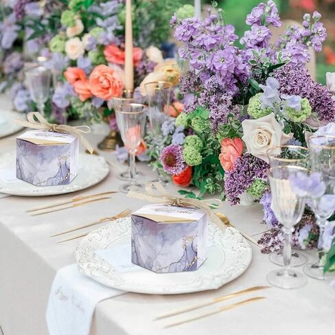 50 قطعة من صناديق هدايا حفلات الزفاف الرخامية من AerWo للضيوف، علب هدايا حلوى صغيرة سداسية الشكل مع أشرطة فيونكة لحفلات الزفاف وحفلات استقبال المولود الجديد وديكورات أعياد الميلاد السنوية in Kuwait