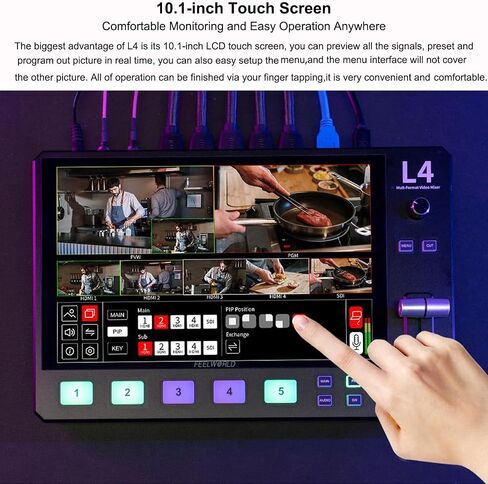 Feel WORLD L4 5 قنوات HD محول فيديو متعدد الكاميرات مع شاشة لمس LCD مقاس 10.1 بوصة و4 مدخلات HDMI ومدخل SDI واحد للبث المباشر in Saudi Arabia
