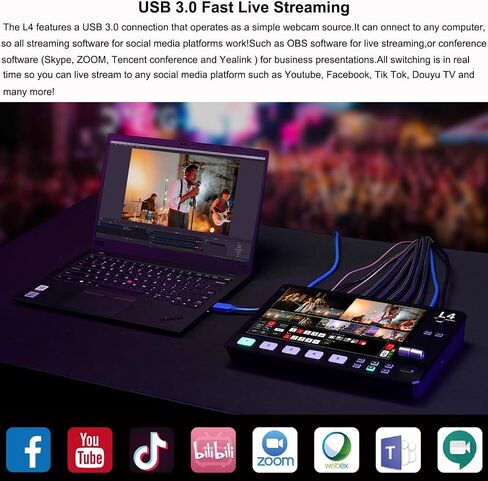 Feel WORLD L4 5 قنوات HD محول فيديو متعدد الكاميرات مع شاشة لمس LCD مقاس 10.1 بوصة و4 مدخلات HDMI ومدخل SDI واحد للبث المباشر in Saudi Arabia