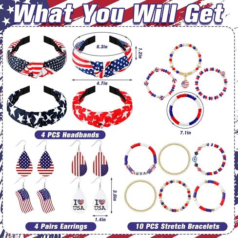 Kingdder 18 جهاز كمبيوتر شخصى الرابع من يوليو النساء الملحقات مجموعات العلم الأمريكي الأقراط الوطنية عصابات البوهيمي تمتد الأساور الولايات المتحدة الأمريكية العلم مجموعة المجوهرات التذكارية عيد الاستقلال هدايا حزب للنساء الفتيات in Kuwait